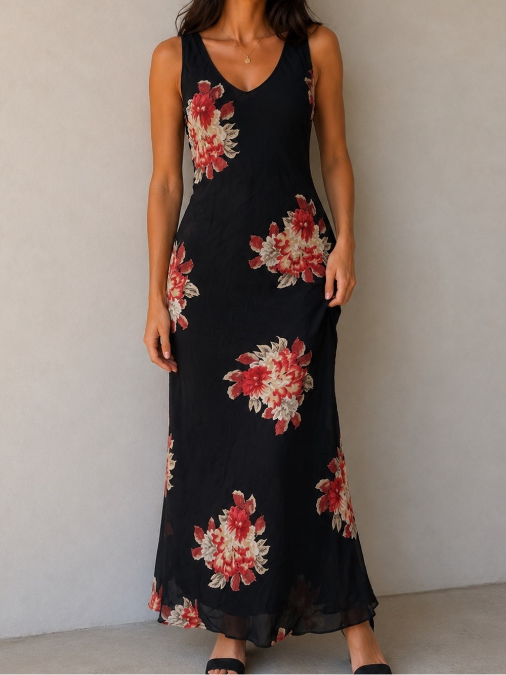 Vintage Temptation Black Floral Maxi Dress 90s Rayon Chiffon Overlay Size M